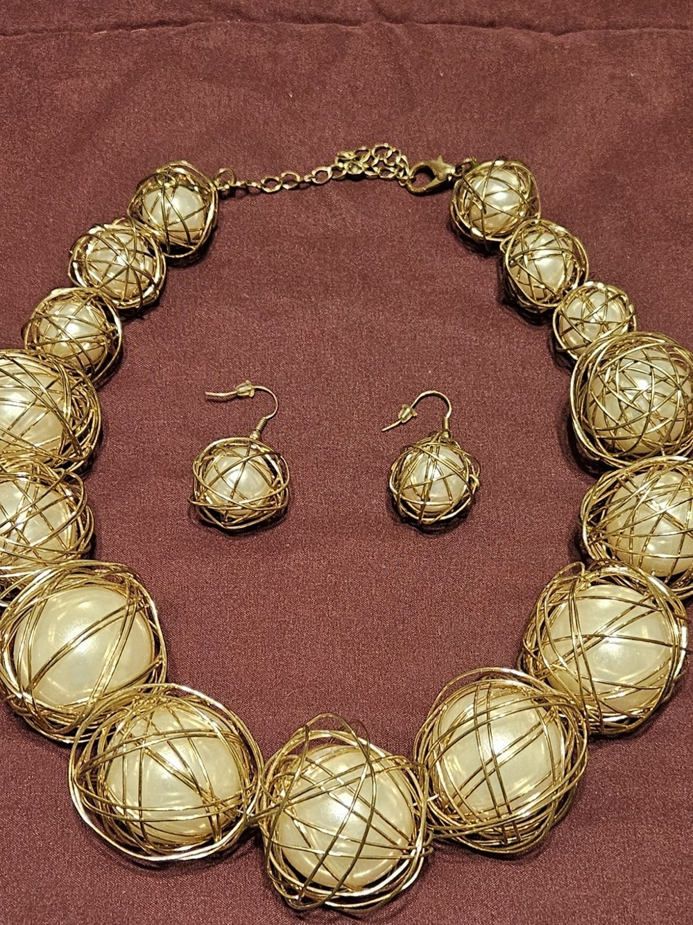 Gold Wire-Wrapped Pearl Statement Necklace & Earrings Set